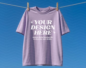 Comfort Colors 1717 orchidee mockup, C1717 hangend T-shirt T-shirt, esthetisch pastelpaars T-shirt, outdoor lifestyle mock-up, frisse wasvibes