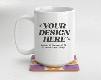 15oz witte mok mockup | Groovy retro-esthetiek | Mockup witte koffiekop | Mockup met gestileerde mok voor POD | Minimalistische keramische mok | Sublimatie