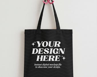Mockup zwarte draagtas | Moderne draagtas van katoenen canvas | Liberty-tassen | Mock-up hangende draagtas | Milieuvriendelijke tas | Esthetische boodschappentas