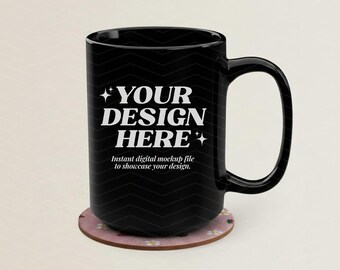 15oz zwarte mokmodel, madeliefje botanische onderzetter, zwarte koffiekopmodel, keramische mokmodel, moderne minimalistische esthetiek, Pinterest-stijl