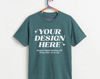 Comfort Colors 1717 Blue Spruce Mockup | Hanging C1717 T-Shirt | Teal Blue Washed Tee | Indie Retro Pop Aesthetic | Vintage Shirt Mock-up