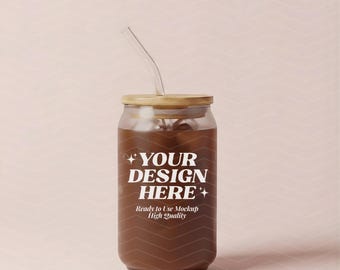 Mockup esthetisch glas, 16oz sipperglas, Libbey-glasmodel, ijskoffiekop, glazen bierblikje, mockup moderne levensstijl