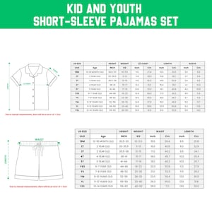 May include: A size chart for children's short-sleeved pyjama sets. The chart provides measurements in inches and centimetres for height, weight, chest, length, and sleeve. It also includes waist and length measurements for the shorts.