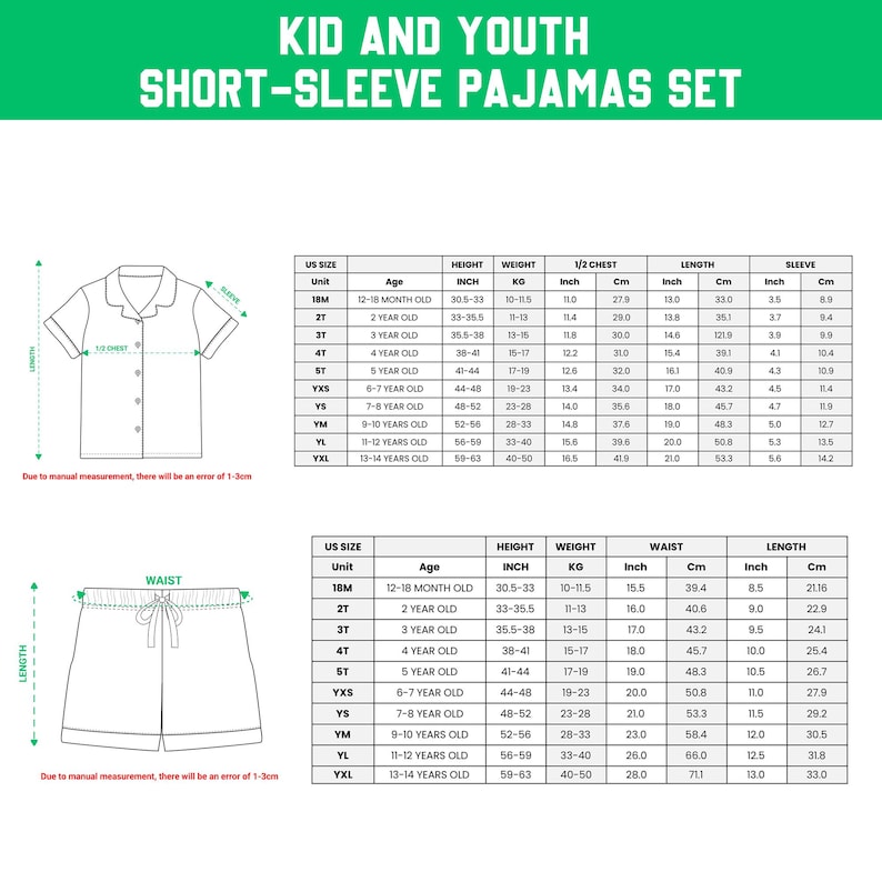 May include: A size chart for children's short-sleeved pyjama sets. The chart provides measurements in inches and centimetres for height, weight, chest, length, and sleeve. It also includes waist and length measurements for the shorts.