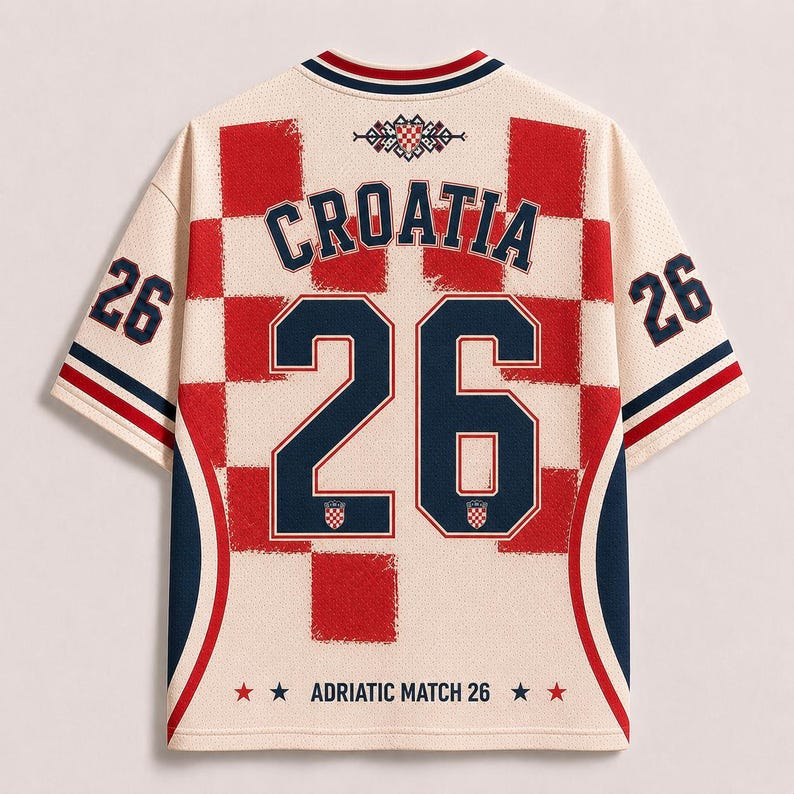 Pu&ograve; includere: Una maglia a maniche corte color crema con un motivo a scacchi rosso, la scritta CROATIA, il numero 26 in grande carattere blu navy e la scritta ADRIATIC MATCH 26 in basso. Anche le maniche riportano il numero 26 in blu navy.