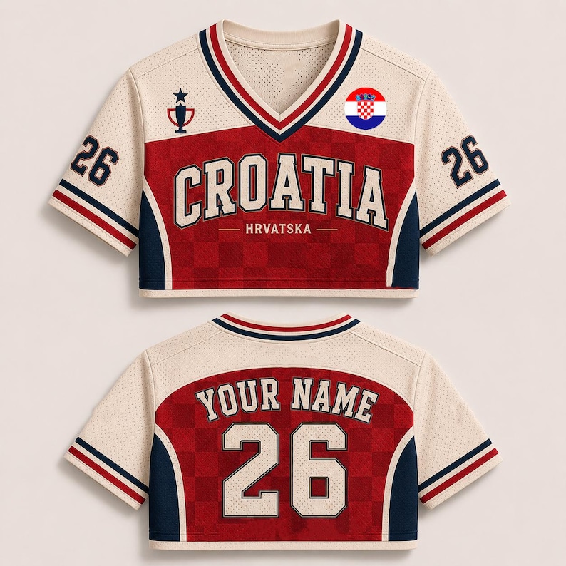 Puede incluir: Una camiseta corta de color crema, rojo y azul marino con el texto CROATIA y HRVATSKA en el frente, el n&uacute;mero 26 en las mangas y la espalda, un icono de trofeo, un emblema circular de la bandera croata y el texto YOUR NAME en la espalda.