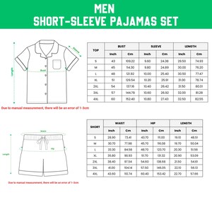 May include: Diagram of a short-sleeved pyjama set with measurements in inches and centimetres. The top has a button-down design with a chest pocket. The shorts have a drawstring waist. The text "MEN SHORT-SLEEVE PAJAMAS SET" is at the top.