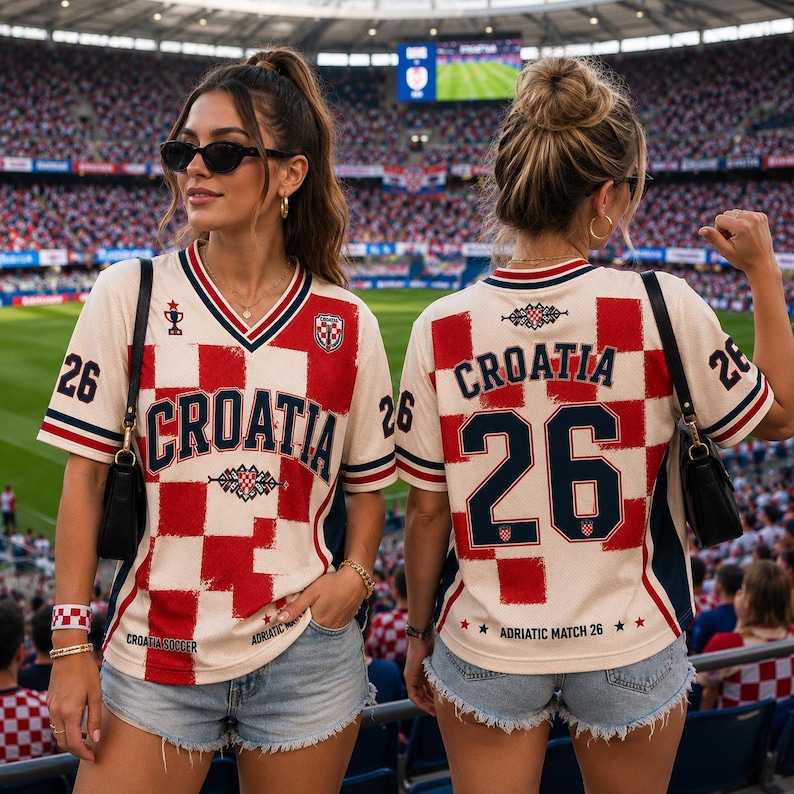 Pu&ograve; includere: Una maglia da calcio della Croazia color crema con un motivo a scacchi rossi e bianchi, la scritta "CROATIA" in blu navy, il numero "26" sul davanti e sul retro, e bordini blu navy sullo scollo a V e sulle maniche, indossata con shorts di jeans.