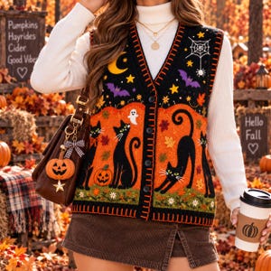 Halloween Retro Cardigan Väst, Höstkofta för Dam, 90-tals Svart Kattkofta, Bus Or Treat Halloweenkofta, Läskig Halloweenkofta