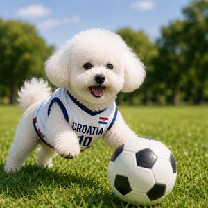 May include: A small white Bichon Frise dog wearing a white sleeveless jersey with blue trim, the text CROATIA, the number 10, and a small Croatian flag emblem. The dog is standing on green grass with a black and white patterned soccer ball.