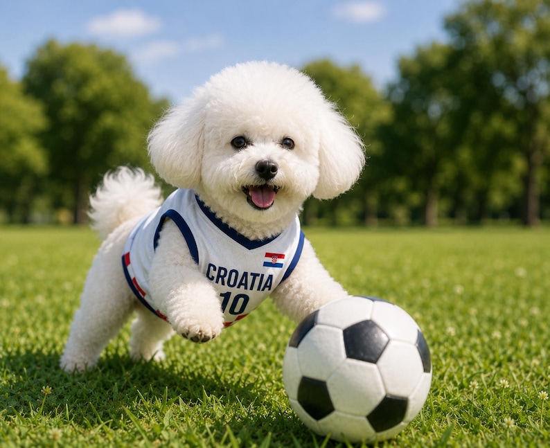 May include: A small white Bichon Frise dog wearing a white sleeveless jersey with blue trim, the text CROATIA, the number 10, and a small Croatian flag emblem. The dog is standing on green grass with a black and white patterned soccer ball.