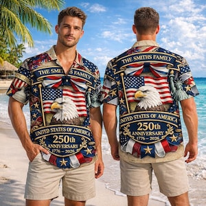 アメリカ建国250周年記念ハワイアンシャツ、1776-2026 愛国的な鷲のボタンダウンシャツ、独立記念日ギフト、家族お揃いハワイアンシャツ