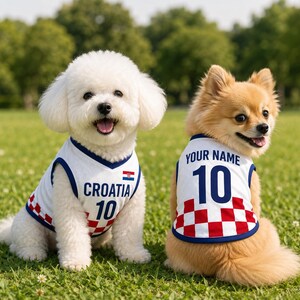 May include: Two dogs wearing white sleeveless jerseys with blue trim. The jerseys feature a red and white checkered pattern at the bottom, the text CROATIA, the number 10, and a small Croatian flag. One jersey displays the text YOUR NAME.
