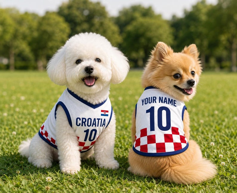 May include: Two dogs wearing white sleeveless jerseys with blue trim. The jerseys feature a red and white checkered pattern at the bottom, the text CROATIA, the number 10, and a small Croatian flag. One jersey displays the text YOUR NAME.