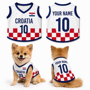 May include: A white sleeveless pet jersey featuring a red and white checkered pattern at the bottom, the text CROATIA, the number 10, and a small Croatian flag. The back displays the text YOUR NAME and the number 10 in large dark blue lettering.