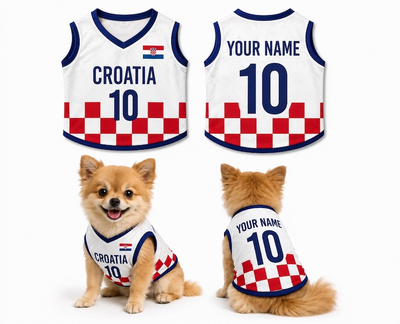 May include: A white sleeveless pet jersey featuring a red and white checkered pattern at the bottom, the text CROATIA, the number 10, and a small Croatian flag. The back displays the text YOUR NAME and the number 10 in large dark blue lettering.