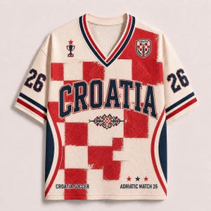 Pu&ograve; includere: Una maglia a maniche corte con scollo a V, motivo a scacchi rossi e bianchi, la parola CROATIA in grandi lettere blu scuro, il numero 26 su entrambe le maniche, un'icona a forma di trofeo e la scritta CROATIA SOCCER ADRIATIC MATCH 26 sul davanti.