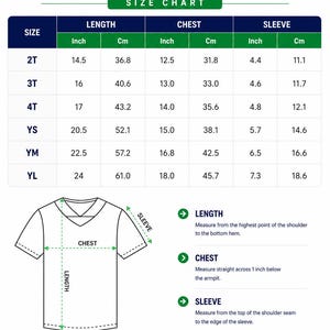 May include: A size chart for a unisex kid and youth jersey featuring a table with columns for length, chest, and sleeve measurements in inches and centimeters for sizes 2T through YL, accompanied by a diagram of a v-neck jersey with measurement lines.