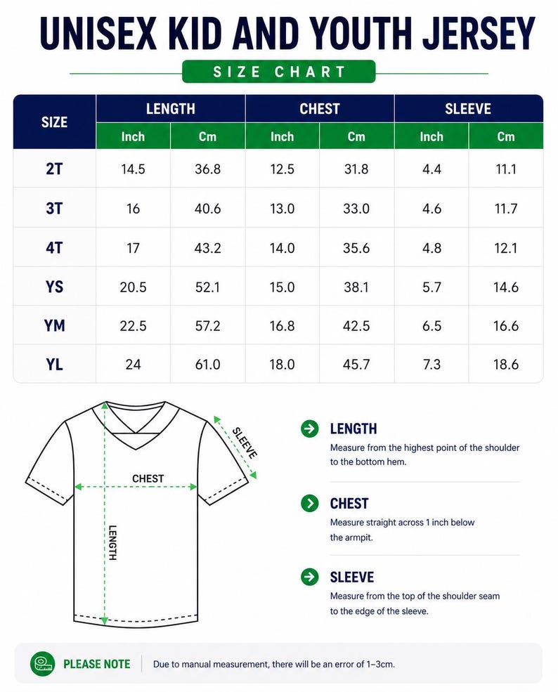 May include: A size chart for a unisex kid and youth jersey featuring a table with columns for length, chest, and sleeve measurements in inches and centimeters for sizes 2T through YL, accompanied by a diagram of a v-neck jersey with measurement lines.