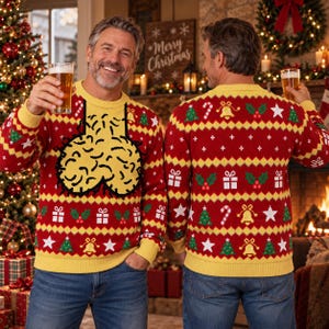 May include: A red and yellow long-sleeve knit jumper featuring a repeating holiday pattern of Christmas trees, bells, gift boxes, and stars, with a large, central graphic of a hairy anatomical shape on the front and blue denim jeans.