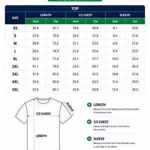 May include: A size chart for a unisex adult jersey featuring a table with columns for length, 1/2 chest, and sleeve measurements in inches and centimeters for sizes XS through 5XL, accompanied by a line drawing of a t-shirt with measurement labels.