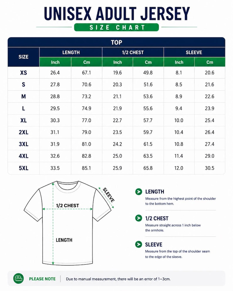 May include: A size chart for a unisex adult jersey featuring a table with columns for length, 1/2 chest, and sleeve measurements in inches and centimeters for sizes XS through 5XL, accompanied by a line drawing of a t-shirt with measurement labels.