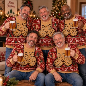 May include: Five individuals wearing matching tan and red holiday sweaters featuring a repeating pattern of white snowflakes, reindeer, and gingerbread men, each holding a glass beer mug filled with golden beer with a thick white foam head.