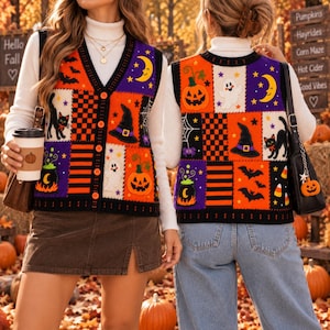 May include: A sleeveless button-down knit vest featuring a patchwork design of Halloween motifs including pumpkins, ghosts, black cats, witch hats, bats, and moons in orange, purple, black, and white, worn over a white long-sleeve mock neck top.
