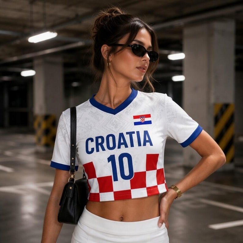 May include: White and blue Croatia soccer jersey with the word "CROATIA" and the number "10" printed on the front. The jersey has a red and white checkered pattern at the bottom. The Croatian flag is displayed on the upper chest.