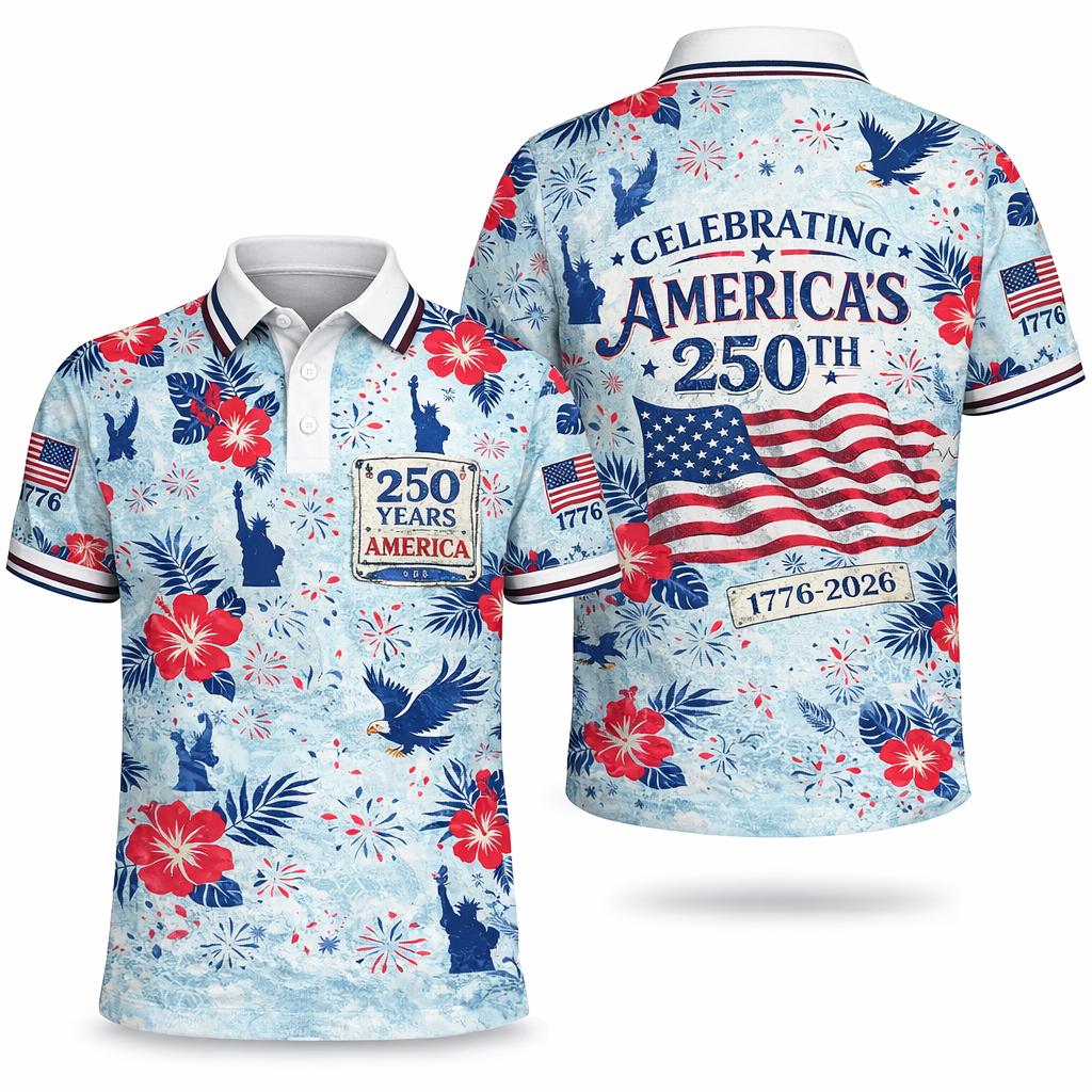 Discover America 250th Anniversary Polo Shirt, Patriotic USA Flag Golf Shirt, Fathers day Gift for Dad, Patriotic Day Shirt, 17762026 American Polo