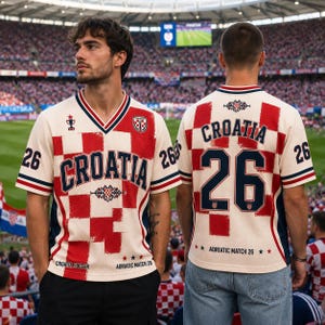 Pu&ograve; includere: Una maglia da calcio color crema con un motivo a scacchi rossi e bianchi, bordi blu navy e la scritta "CROATIA" sul petto e sulla schiena. La maglia presenta il numero "26" sulle maniche e sul retro, con "ADRIATIC MATCH 26" stampato vicino all'orlo.