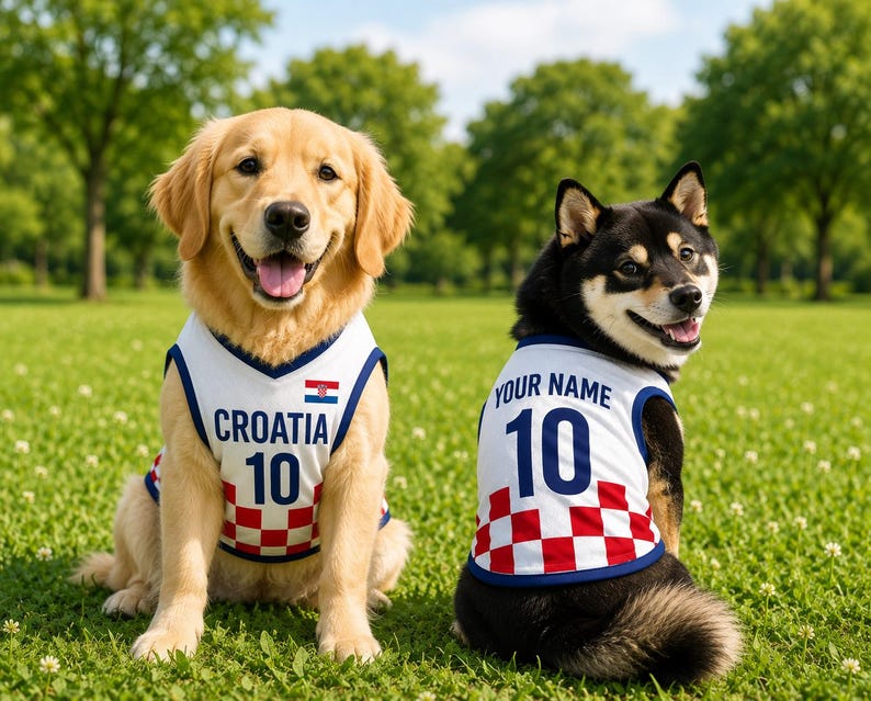 May include: Two dogs wearing white sleeveless jerseys with blue trim and a red and white checkered pattern at the bottom. One jersey features the text CROATIA, the number 10, and a small Croatian flag. The other jersey displays YOUR NAME and the number 10.