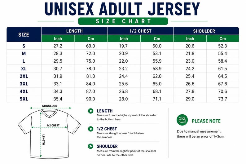 Pu&ograve; includere: Una tabella delle taglie per una maglia unisex per adulti con colonne per taglia, lunghezza, met&agrave; torace e misure delle spalle in pollici e centimetri. Un disegno al tratto di una t-shirt illustra come misurare lunghezza, met&agrave; torace e spalla.