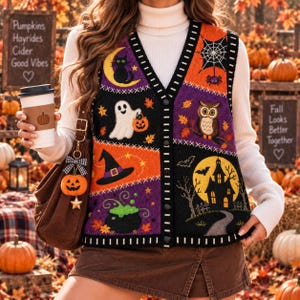 May include: A button-down knit vest featuring a patchwork design with Halloween motifs including a black cat, ghost, owl, witch hat, cauldron, spider web, and haunted house. The vest is worn over a white turtleneck and paired with a brown skirt.