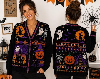 Trick Or Treat Halloween Cardigan, Pumpkin Knit Cardigan, Retro Pumpkin Cardigan, Fall Holiday Sweatshirt, Halloween Knit Sweater, Fall Gift