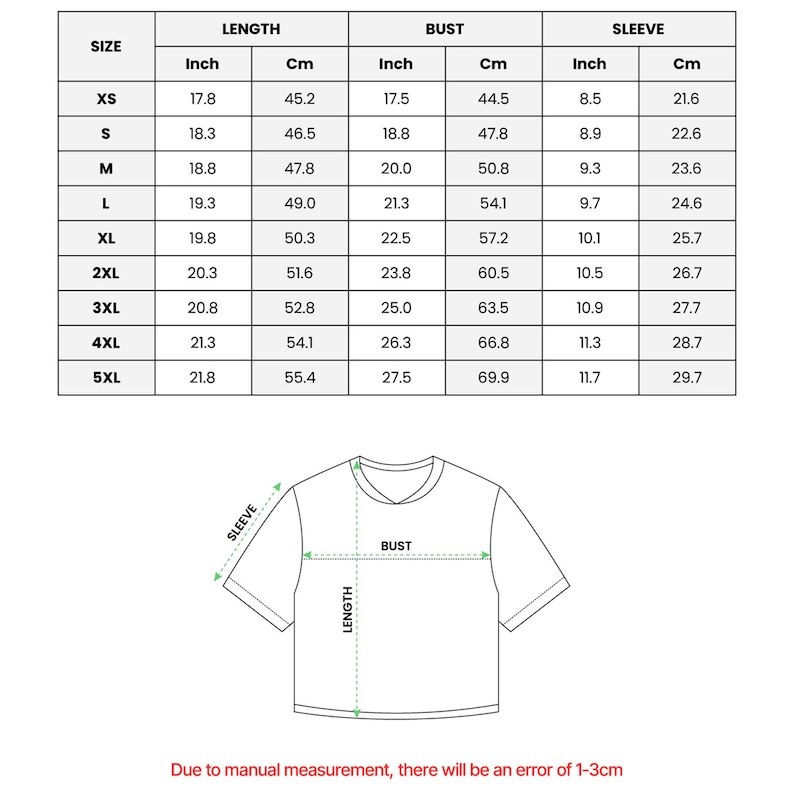 May include: A white size chart for a t-shirt, with measurements in inches and centimeters for length, bust, and sleeve. Sizes range from XS to 5XL. A diagram illustrates where to measure the shirt. The text at the bottom says, "Due to manual measurement, there will be an error of 1-3cm."