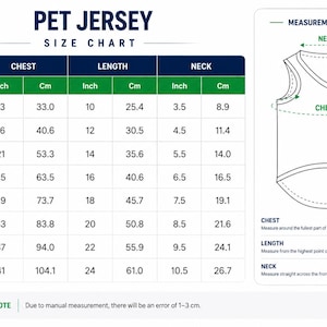 May include: A pet jersey size chart displaying US sizes from S to 5XL with corresponding chest, length, and neck measurements in inches and centimeters. A measurement guide diagram illustrates how to measure the chest, length, and neck.