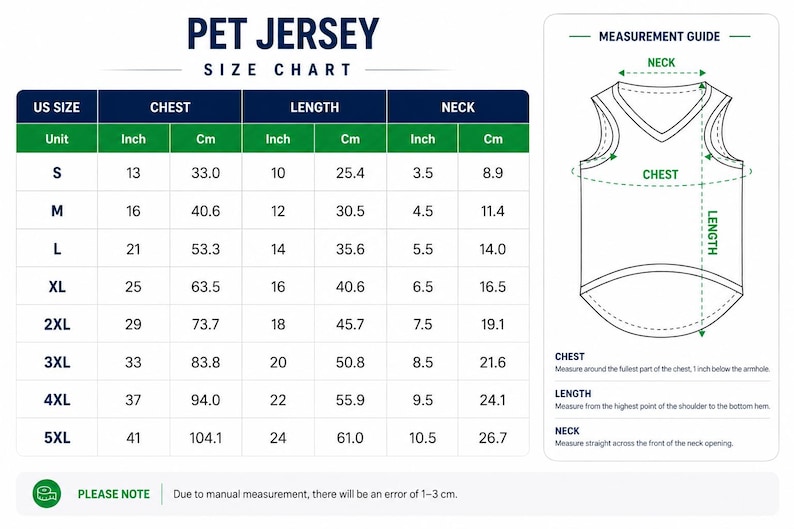 May include: A pet jersey size chart displaying US sizes from S to 5XL with corresponding chest, length, and neck measurements in inches and centimeters. A measurement guide diagram illustrates how to measure the chest, length, and neck.