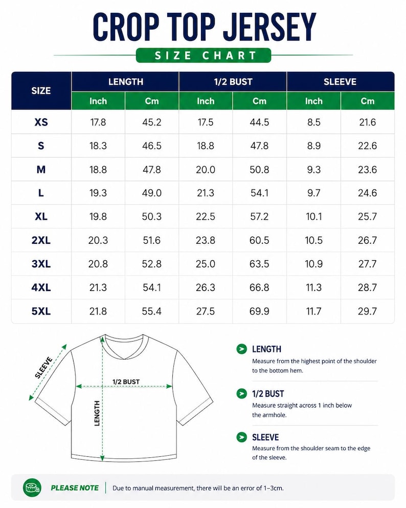 May include: A size chart for a crop top jersey featuring a table with columns for size, length, 1/2 bust, and sleeve measurements in inches and centimeters. Below the table is a line drawing of a crop top with arrows indicating measurement points.