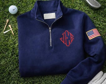 Embroidered J.E.E Quarter Zip Sweatshirt, Blue Fleece Blend Unisex Shirt, Monogram USA Inspired Quarter Zip Sweater, Veteran Gift