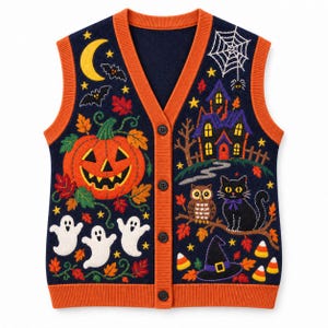 Könnte beinhalten: Eine marineblaue Strickweste mit V-Ausschnitt, orangefarbenen Kanten und Knopfleiste. Das Strickmuster zeigt gestickte Halloween-Motive wie einen großen Kürbis, drei weiße Geister, ein Spukhaus, eine schwarze Katze, eine Eule und einen Hexenhut.
