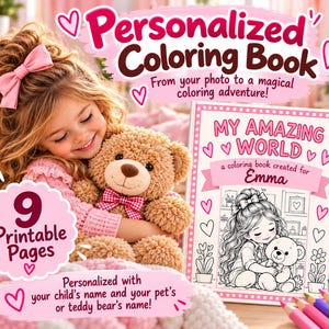 Personalized Coloring Book from Photo | Child & Pet or Teddy Bear | 9 Printable Pages | Custom PDF Gift