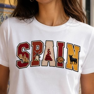 Español Vintage Español Varsity Español PNG / Diseño de sublimación de España con bordado falso 3D / Gráfico de parche de paella de toro de bailarina flamenca / Arte para camisetas de viaje