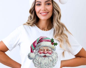 Christmas Santa Shirt Png, Hand Painted Christmas Santa Png, Retro Santa Png, Merry Christmas Png, Preppy Christmas Png, Merry and Bright