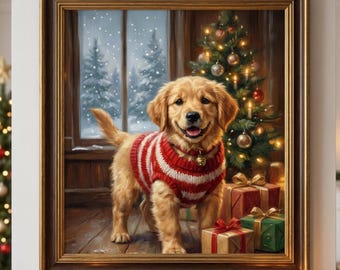 クリスマスの犬のウォールアート（印刷可能）、ゴールデンレトリバーのクリスマスデコレーション、ホリデーシーズンにぴったりの子犬のアート、冬のホームデコレーションプリント、クリスマスの犬のアート