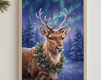Christmas Reindeer Wall Art Printable, Winter Deer Printable, Holiday Home Decor Gifts, Nordic Christmas Wall Decor, Retro Holiday Poster