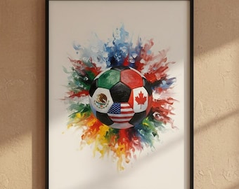 Stampa artistica da parete per la Coppa del Mondo di calcio, con pallone da calcio e bandiera, poster di calcio USA, Messico e Canada, decorazione sportiva per la casa, download digitale stampabile.