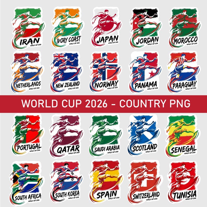 Może przedstawiać: Zbi&oacute;r naklejek przedstawiających flagi i stylizowanych piłkarzy reprezentujących kraje uczestniczące w Mistrzostwach Świata 2026. Każda naklejka zawiera nazwę kraju i tekst "WORLD CUP 2026".