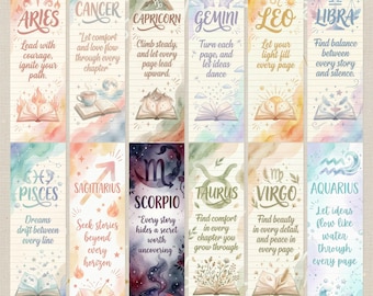 12 Watercolor Zodiac Bookmarks Png Set, Astrology Gift for Book Lovers, Celestial Printable Bookmarks, Horoscope Reading Accessories Bundle