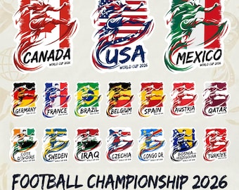 May include: A collection of stickers featuring flags and soccer players representing countries participating in the 2026 World Cup. The stickers include the flags of Canada, USA, Mexico, Germany, France, Brazil, Belgium, Spain, Austria, Qatar, Cote D'Ivoire, Sweden, Iraq, Czechia, Congo DR, Bosnia-Herzegovina, and Türkiye.